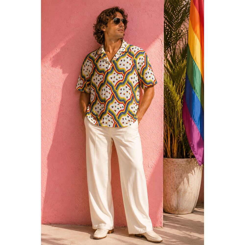 Vintage 70s Lily Dache Rainbow Disco Shirt XL Pride Festival Mod Psychedelic